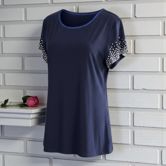 Annalee + Hope Tops - Annalee + Hope NWT Deep Blue Blouse Top Embellished Short Sleeves Holiday Large